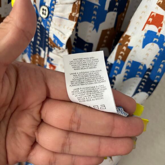 Cabi 6106 Jigsaw Blouse Button Front Ruffle V-Neck Blue Brown White Sz S - Picture 7 of 9